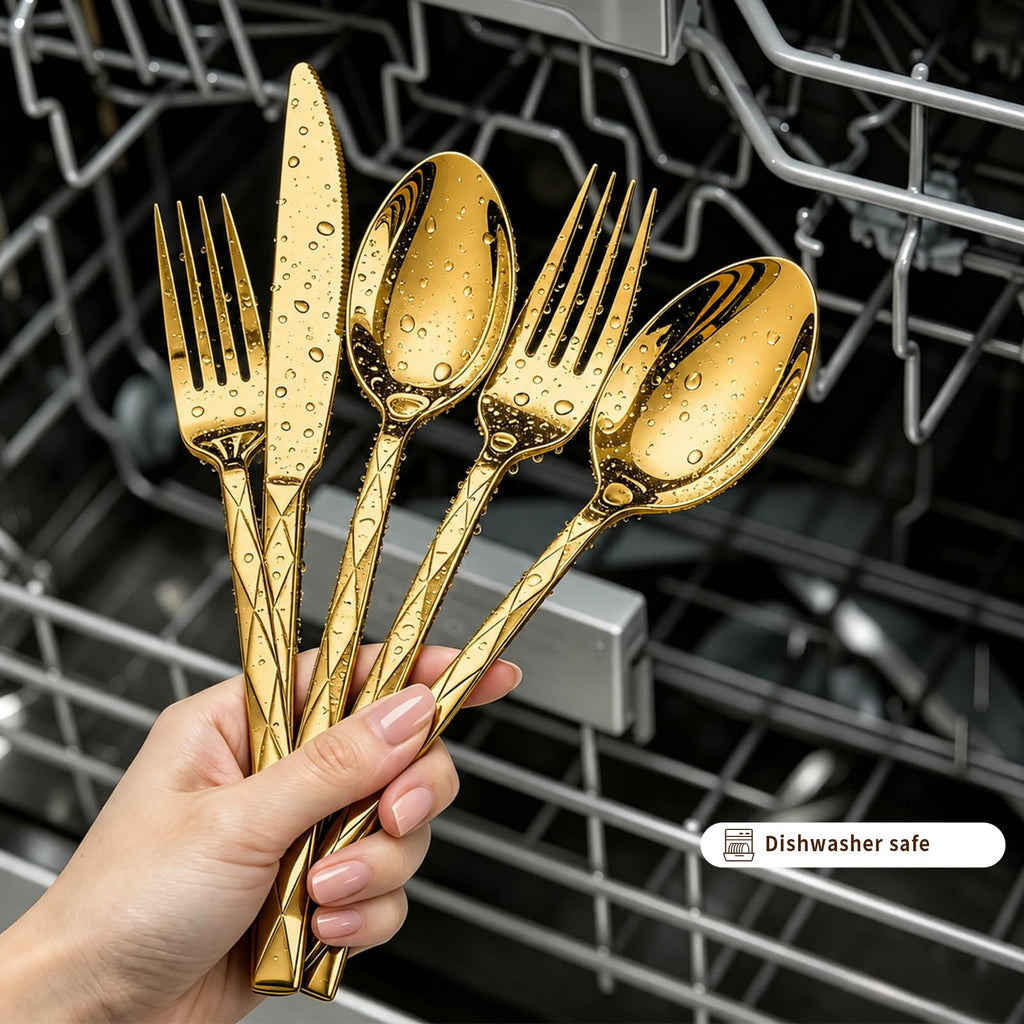 Gold Silverware Set, 5 Piece Flatware Set Dinner Eating Utensils Set