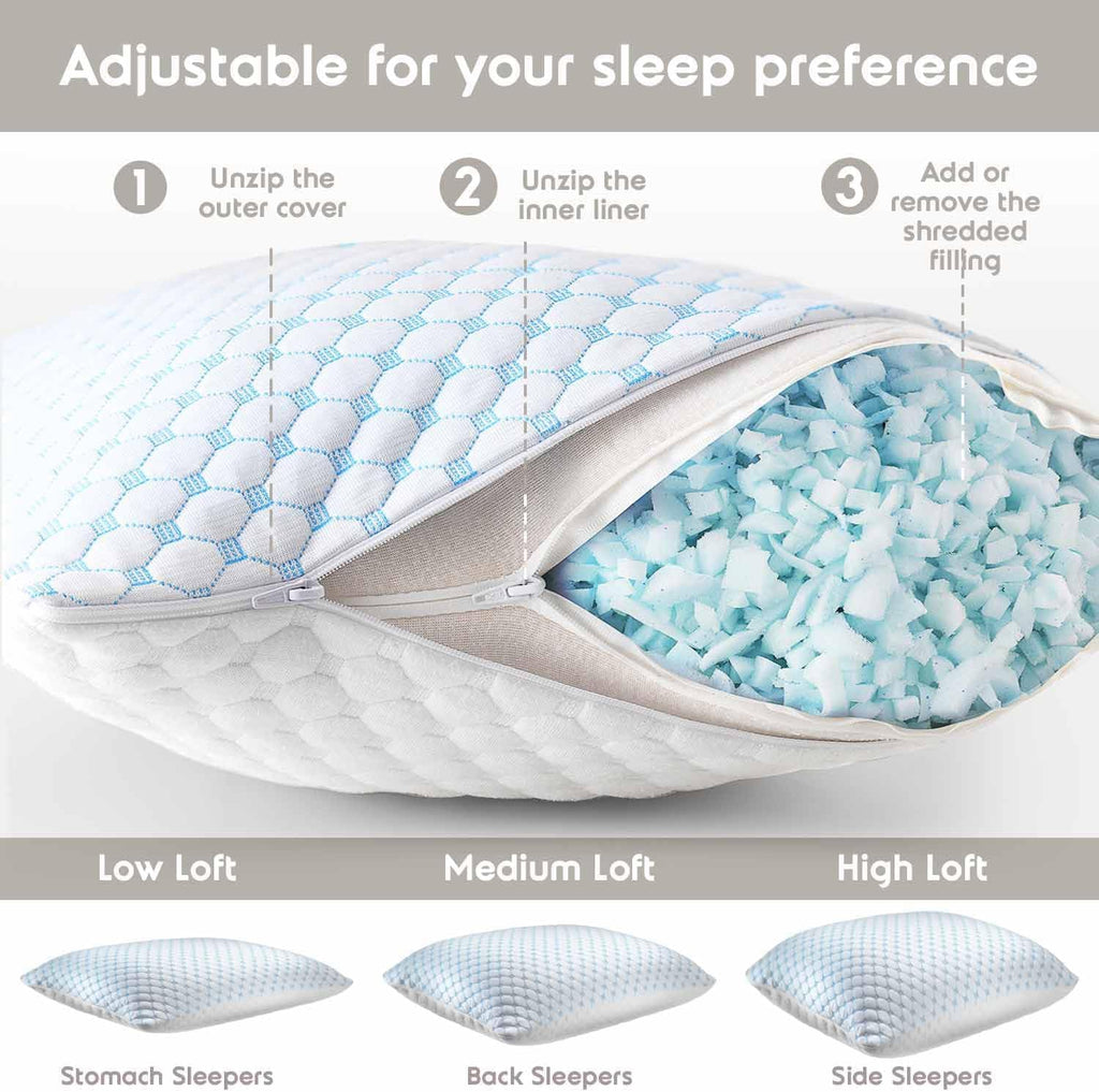 King Cooling Pillow for Sleeping 1 Pack, Luxury Shredded Memory Foam King Pillow, Adjustable Cold Gel Pillows for Hot