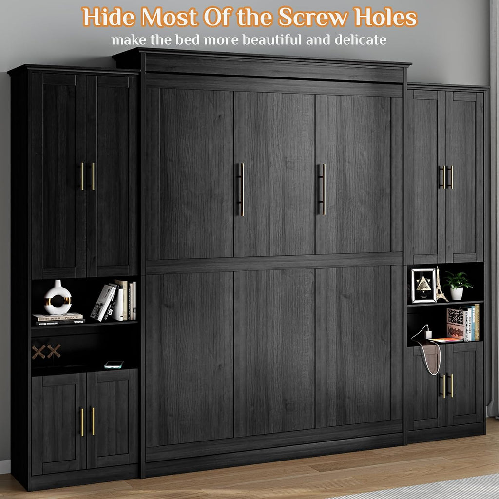 Murphy Bed Queen with 2 Side Cabinet Storage Shelves, Queen Wall Bed Cabinet with USB Port, Wood Foldable Platform
