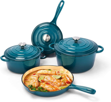 Enameled Cast Iron Cookware Set,7 Piece Dutch Ovens Set,Teal | Ceramic Coated Cast Iron,Sauce Pan,Skillet,3 Lids,Pots