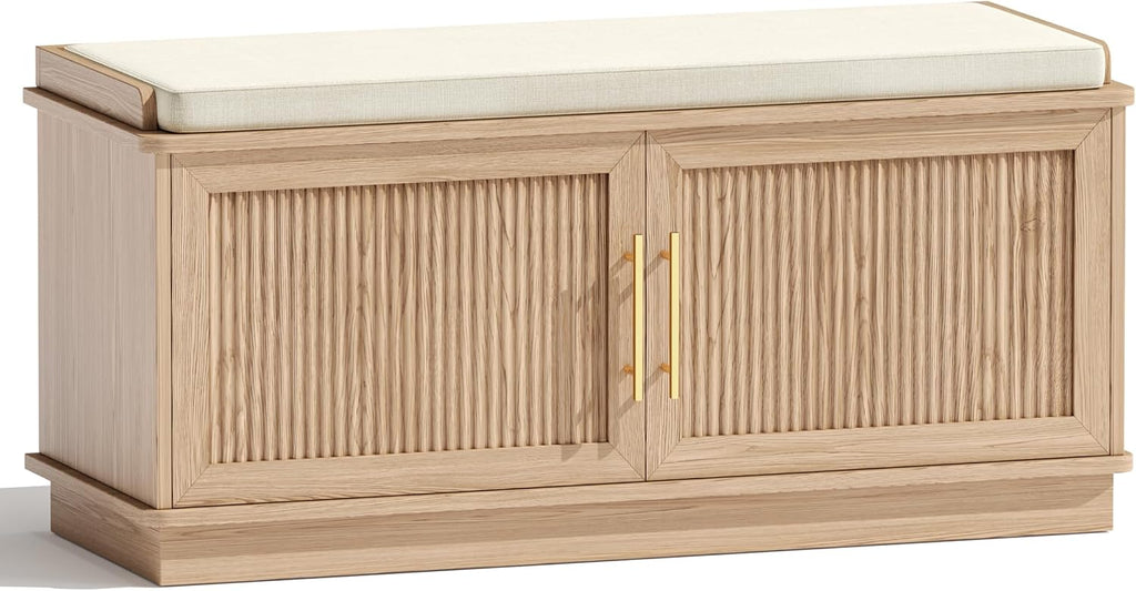 Fluted Shoe Storage Bench with Cushion, 39.4" Entryway Bench with Adjustable Shelves and 2 Doors, Shoe Cabinet Bench