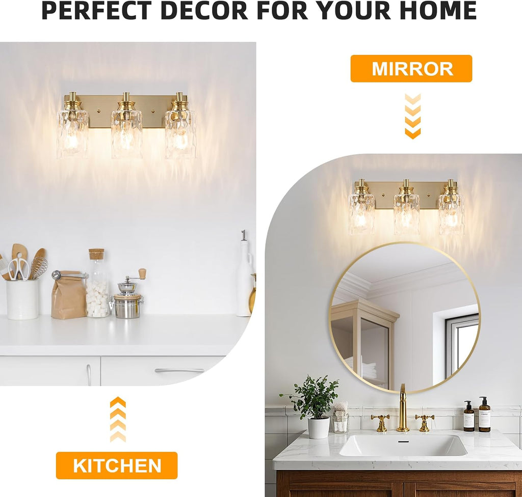 3 Light Bathroom Vanity Light Modern Brushed Gold Bathroom Light Fixtures Over Mirror with Hammered Glass Lampshade