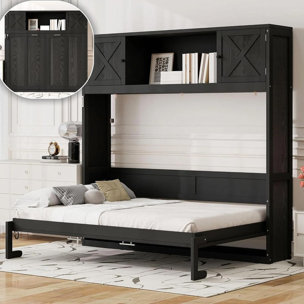 Full Horizontal Murphy Bed with Storage Cabinets,Solid Wood Farmhouse Hideaway Folding Farmhouse Murphy Wall Bed