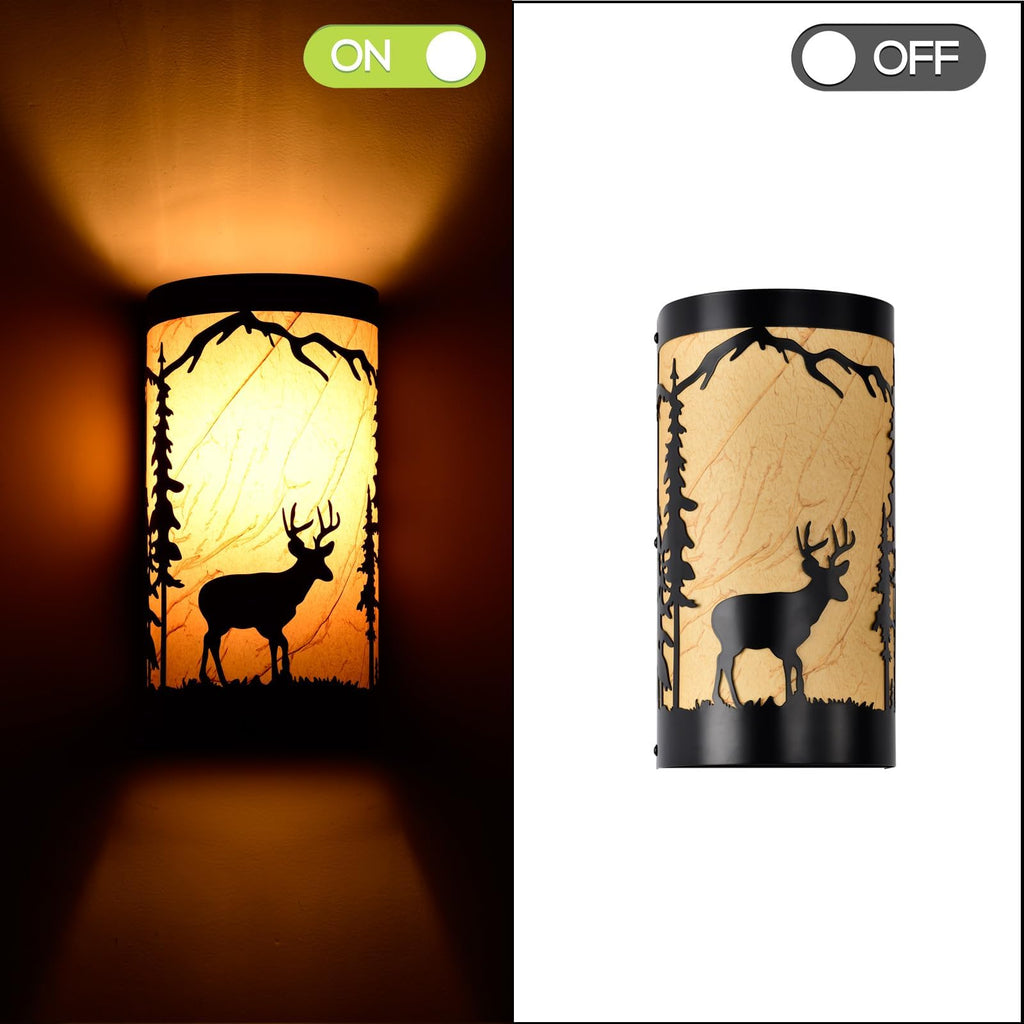 Wall Sconces Set of Two, Deer Metal Yellow Parchment Rustic Wall Sconces, Farmhouse Matte Black Wall Mount Lamp, Bedroom