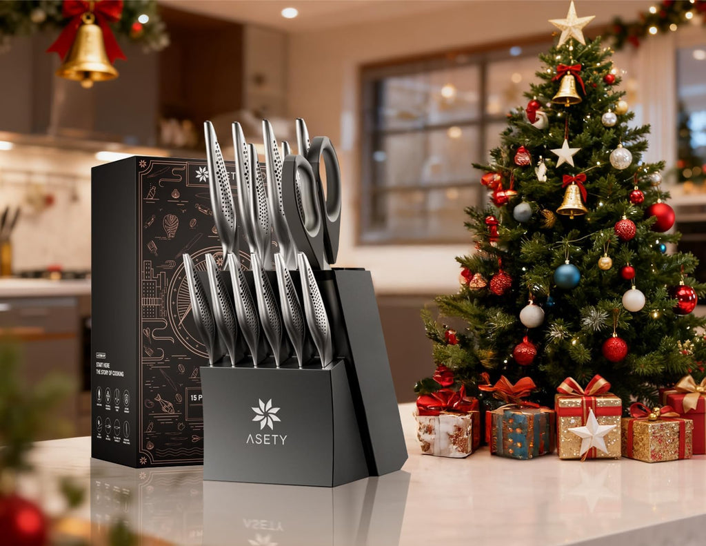 Knife Block Set, 15 PCS Knives Set , Stainless Steel | Ultra Sharp Kitchen Knife, Full Tang One-Piece Knife Set with