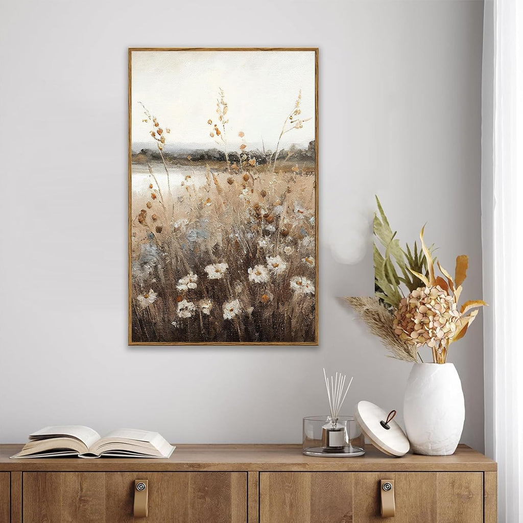 Vintage Wall Art Framed, Retro Countryside Autumn Wildflower Field Landscape Canvas Painting Farmhouse Decor Wall