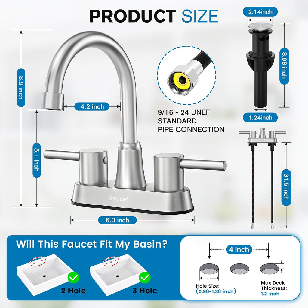 Bathroom Faucets, Bathroom Faucet 3 Hole, Bathroom Sink Faucet, Faucet for Sink 4 Inch 2 Handle Centerset, Lead-Free