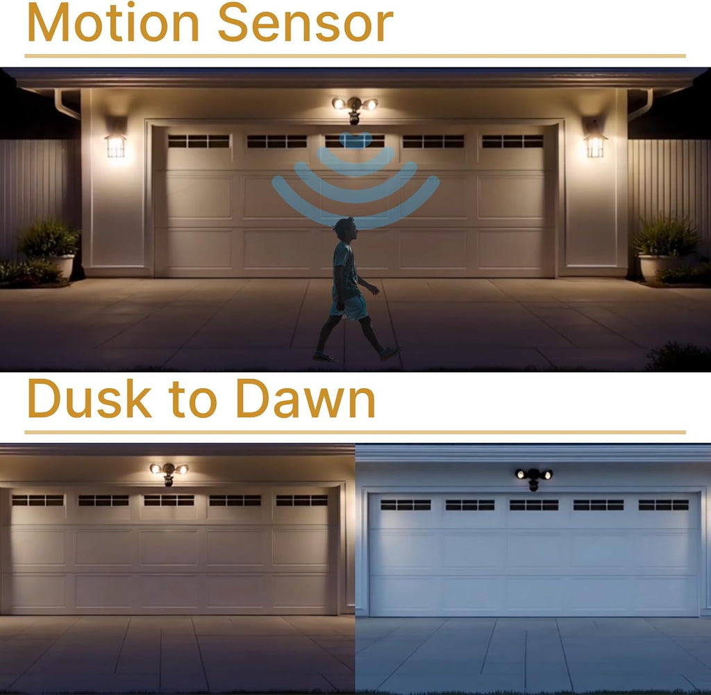 LED Black Motion Sensor 2-Light Bullet Flood Light- 3000K Adjustable Dual Head Outdoor Security Light, Dusk to Dawn