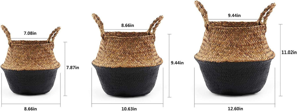 Woven Seagrass Belly Basket for Storage, Laundry, Picnic, Plant Pot Cover, and Grocery and toy storage (Medium, Black)