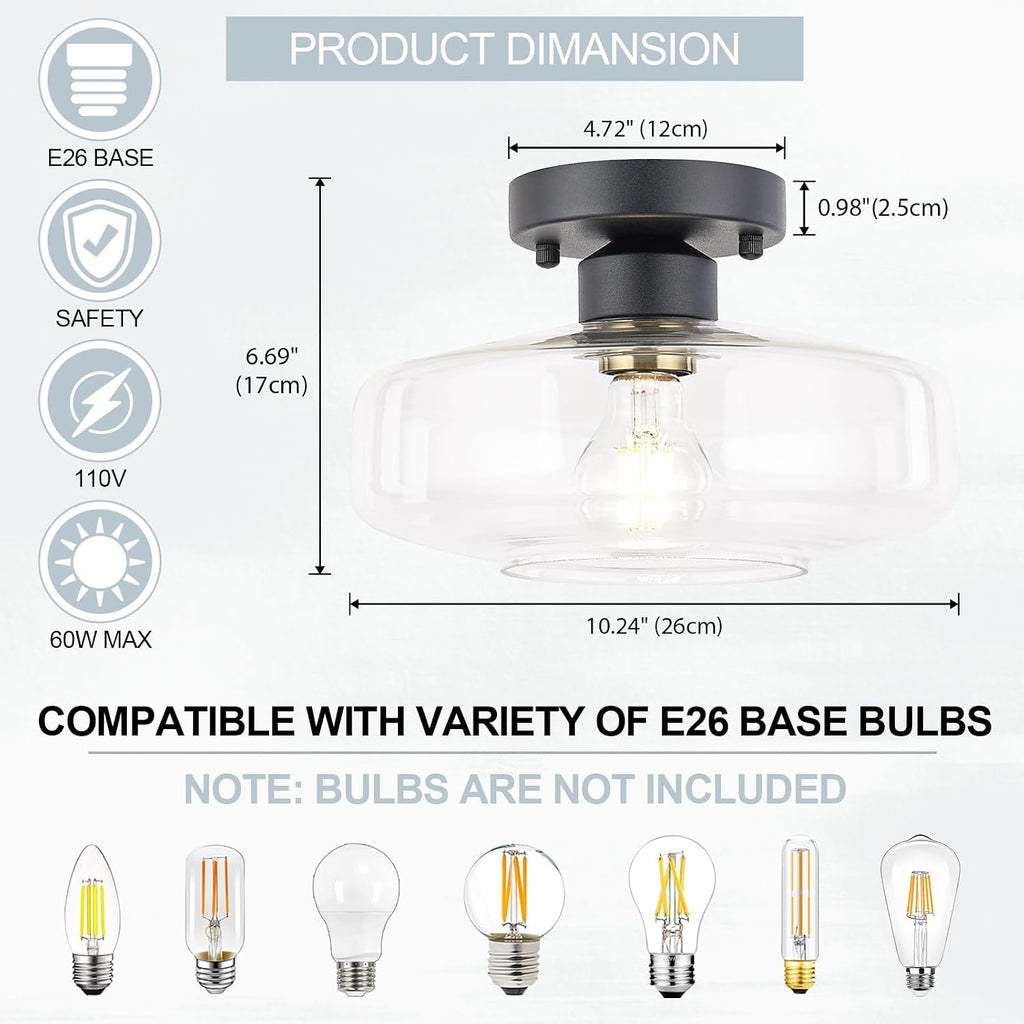 Semi Flush Mount Ceiling Light, 10.24" Modern Farmhouse | Clear Glass Light Fixture with Matte Black Finish, E26 Base