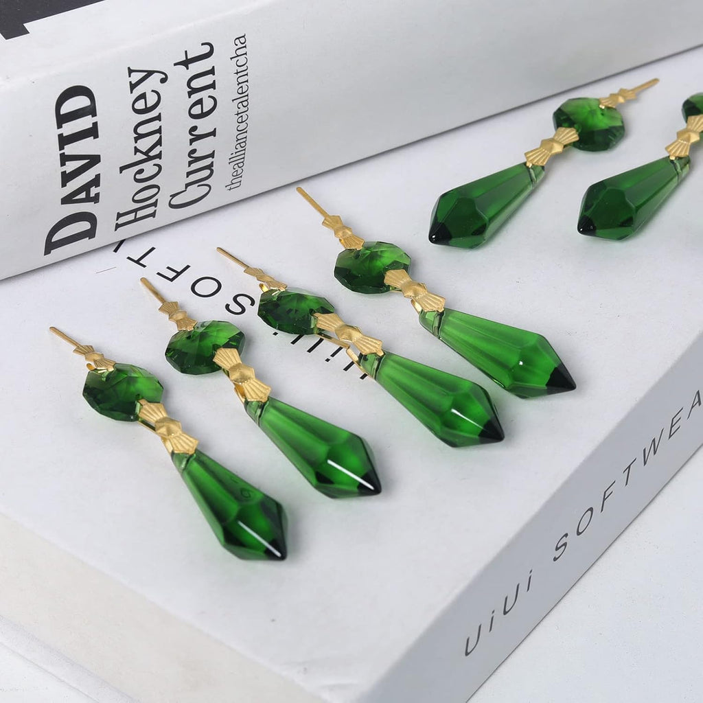 20pcs Green Crystals Prisms Glass Tip Beads Replacement Chandelier Icicle Drop Pendants Octagon Crystal Beads Gold