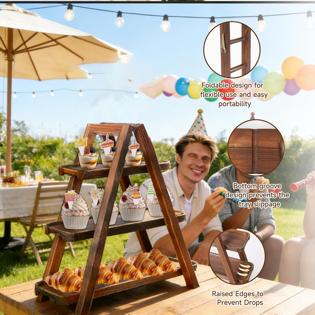 Wooden Cupcake Stand, 3 Tier Dessert Display Serving Tray with Swing and Flower Decoration, Foldable Tiered Ladders