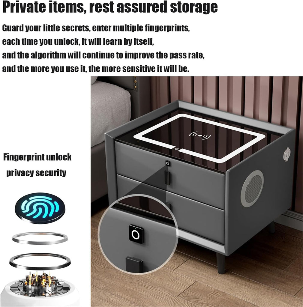 Black,Three drawers, Table Bedroom Smart Bedside Table with LED Light,Smart Nightstand with Fingerprint Lock and