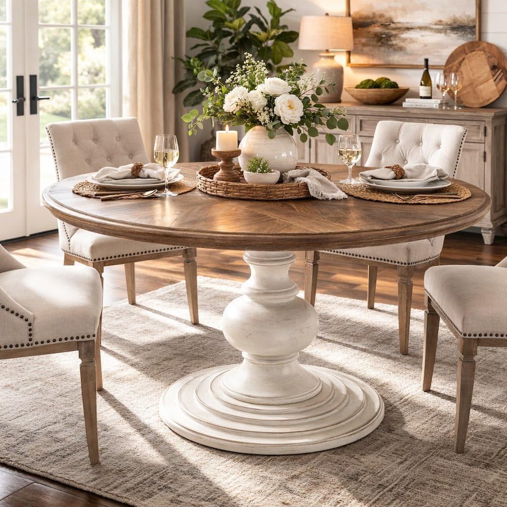 Brown Round Pedestal Dining Table with Wood Veneer and MDF Top, Ideal for Dining Room, Rustic or Modern Indoor Dining