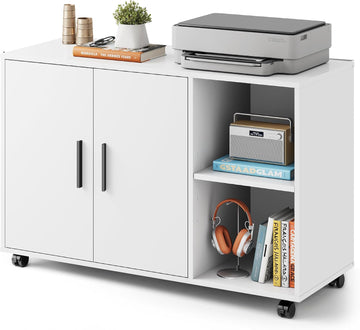 Office File Cabinet, Rolling Printer Stand, White | Lateral Storage Cabinet, Doors and Shelves, Mobile Filing