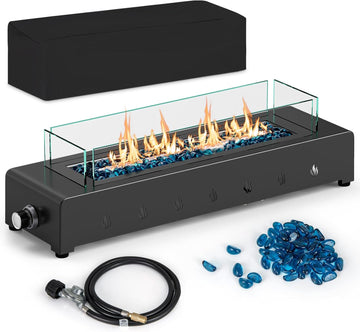 30 Inch Table Top Propane Fire Pit, 40,000 BTU Rectangular Tabletop Firepit with Wind Guard, Glass Rocks & Cover