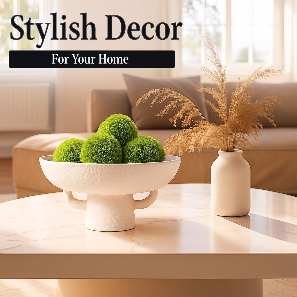 Luxurious White Textured Ceramic Bowl and Greenery Set,12.5x10.5 Inch Pedestal Decorative Bowl, with 6 Green