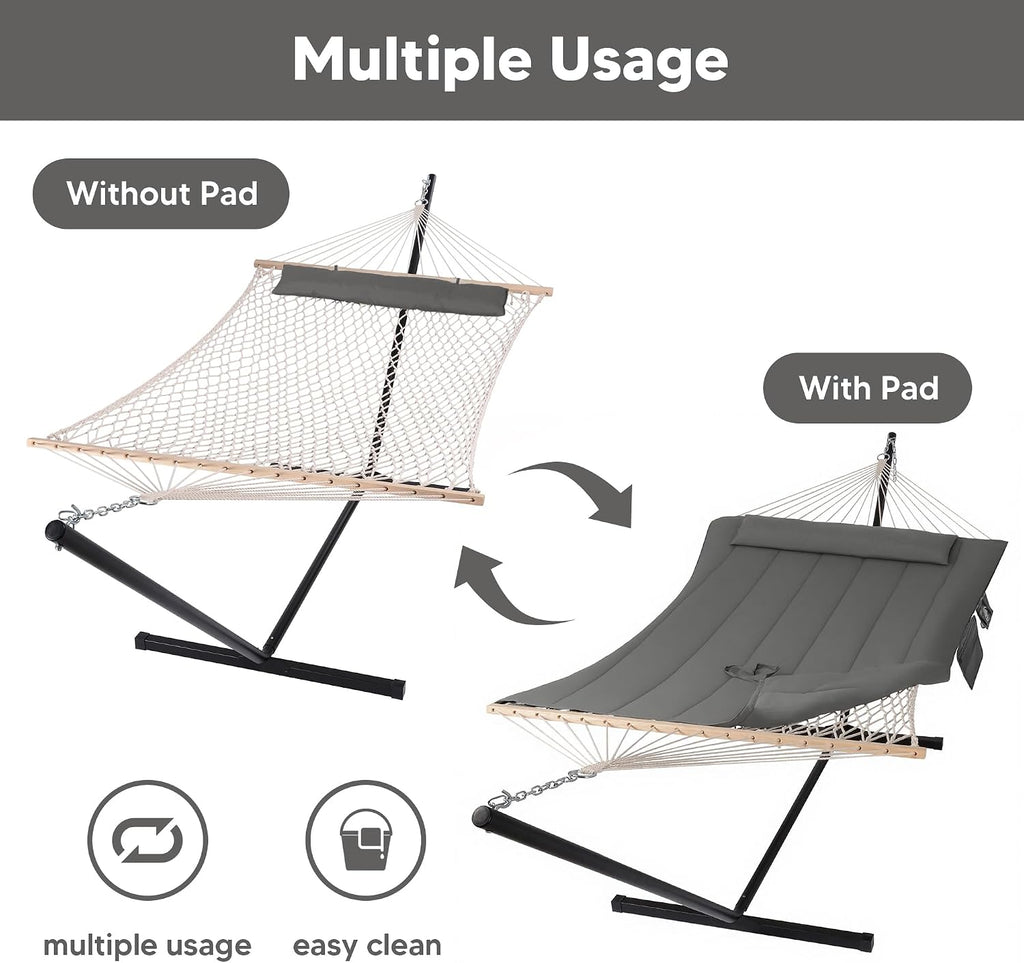 Double Outdoor Hammock with Stand, Carrying Bag, Dark Gray | Two Person Cotton Rope Hammock with Polyester Pad