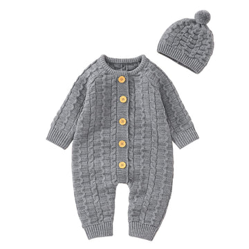 Baby Cable Knit Romper Set Front‐Button Jumpsuit with Pom‐Pom Beanie