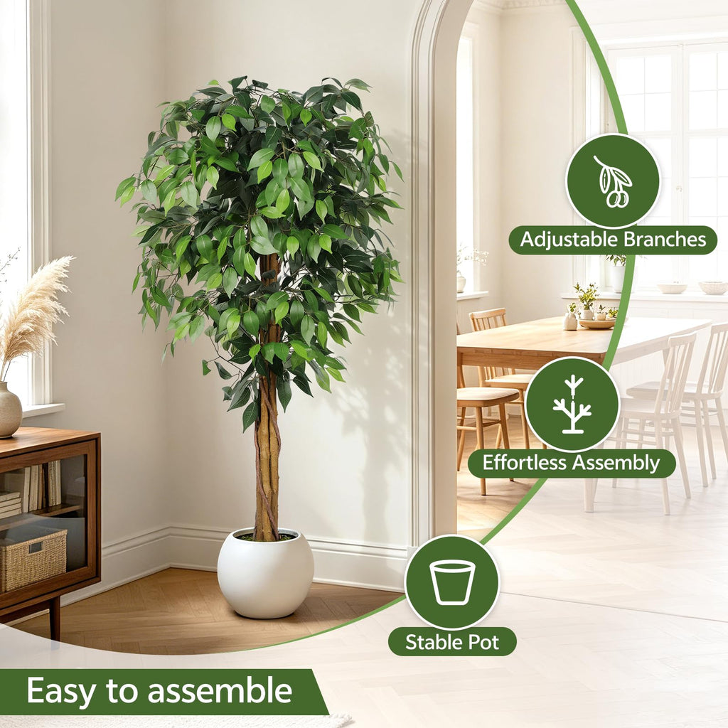 5ft Artificial Ficus Tree with Triple Trunk & Black Planter