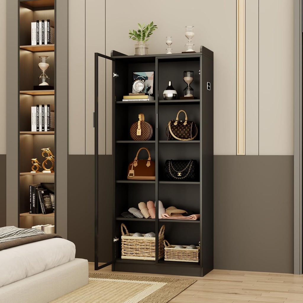 Display Cabinet with Doors and Adjustable Shelves, 65" Tall Bookcase with LED Lights/Human Sensor