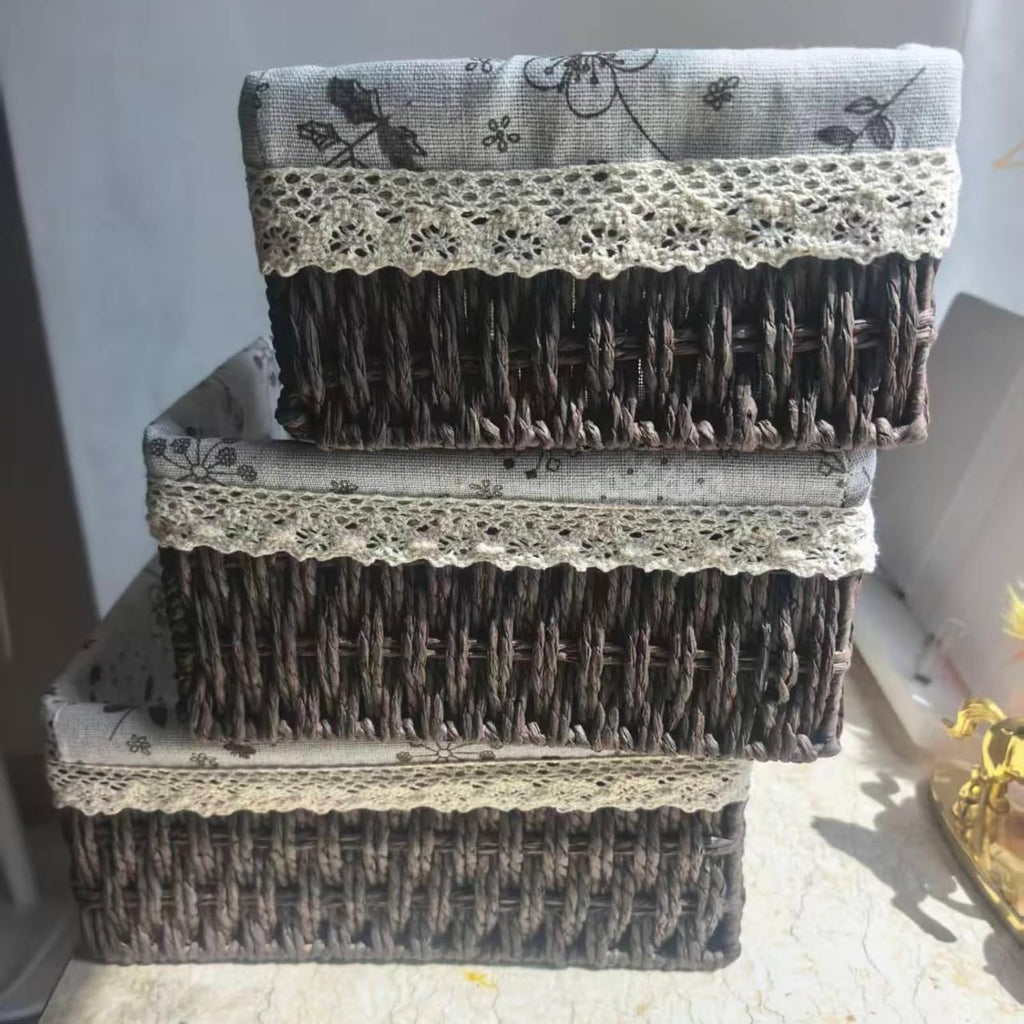Wicker Woven Baskets With Liner, 3Packs Small Square Decorative Shelf Basket Storage And Organizing (coffee)