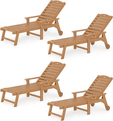 Lounge Chair Outdoor Set of 4, HDPS Chaise Lounge Outdoor with Wheel, 5 Positions Adjustable Pool Lounger Chairs