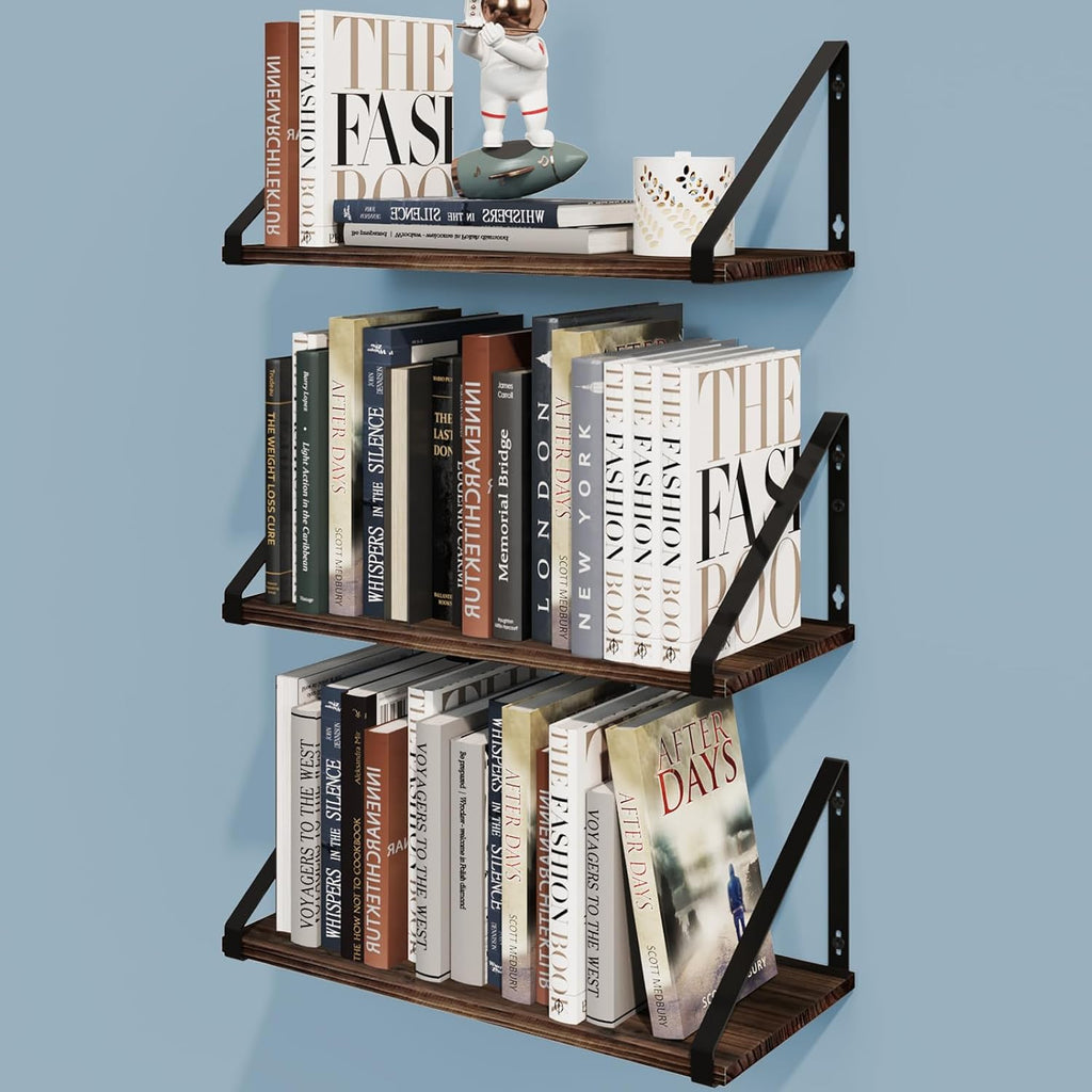 Floating Shelves Rustic Wood Wall Shelf, Small Bookshelf , with Metal Bracket
