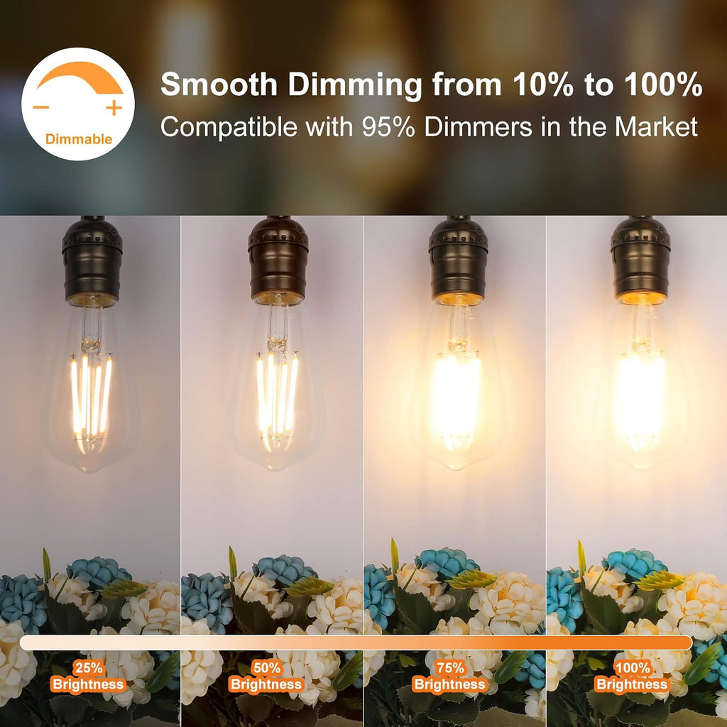 LED Light Bulbs Dimmable Vintage Edison Bulb, E26 LED Bulb 60W Equivalent 720 Lumens, Warm White 2700K, ST58 Antique (Pack Of 4)