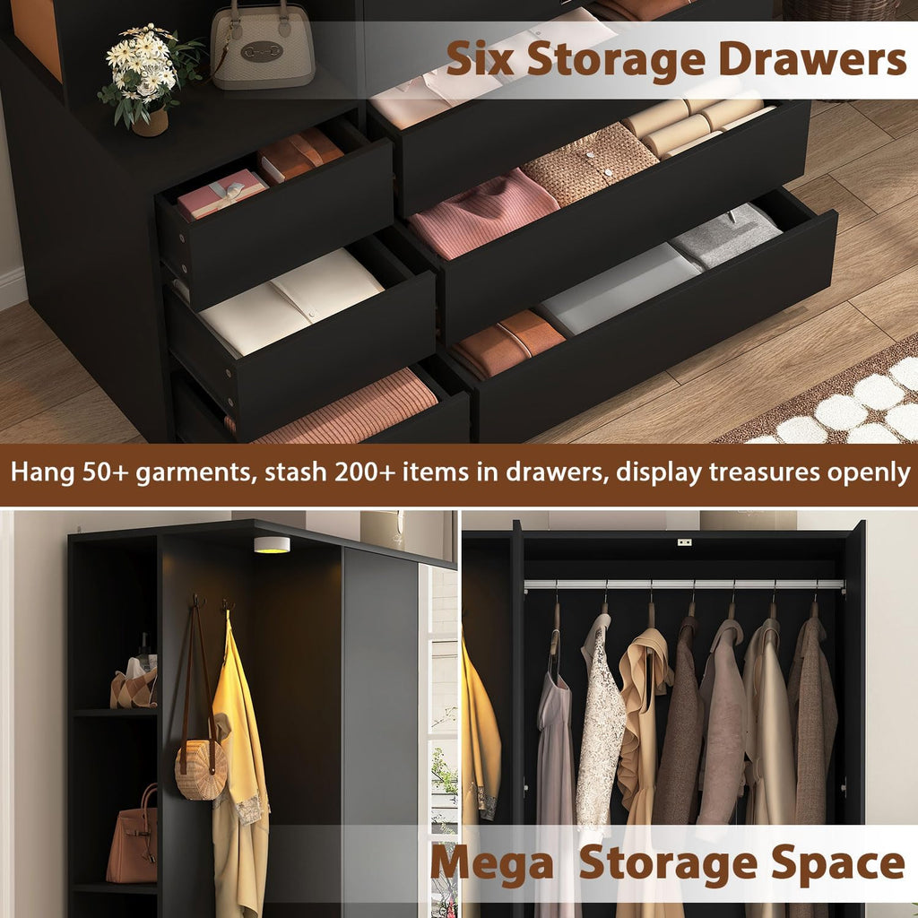 Black Wardrobe Closet with Mirror and LED Light, Armoire Wardrobe with 6 Drawers, Hanging Rod, Open Shelves