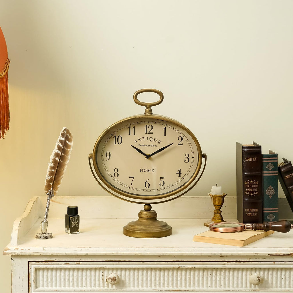HOME Antique Table Clock, Gold Retro Desk Clock with Silent-Non-Ticking Battery Operated Rustic Desk Clock for