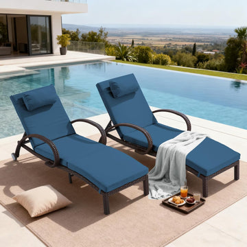 Pool Outdoor Lounge Chairs Set of 2,Outdoor Chaise Lounge w/ 5 Adjustable Back,Wicker Patio Pool Lounge Chair with