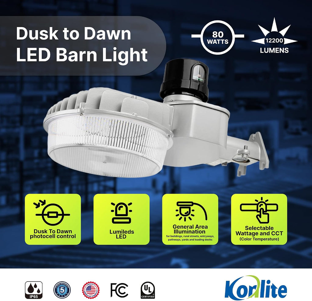 80W LED Dusk to Dawn Outdoor Light - Adjustable Wattage (80/64/48/32W) & 3 Color Temperatures (3000K/4000K/5000K)