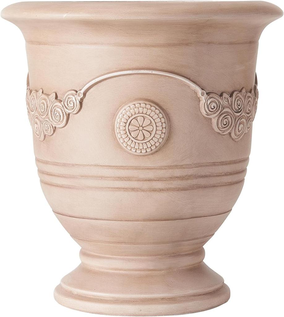 Rewol Round Concrete Planter Set of 2, 2 Pack Garden Flower Pot with Drainage Hole, Floral Relif Patio Urn Planter