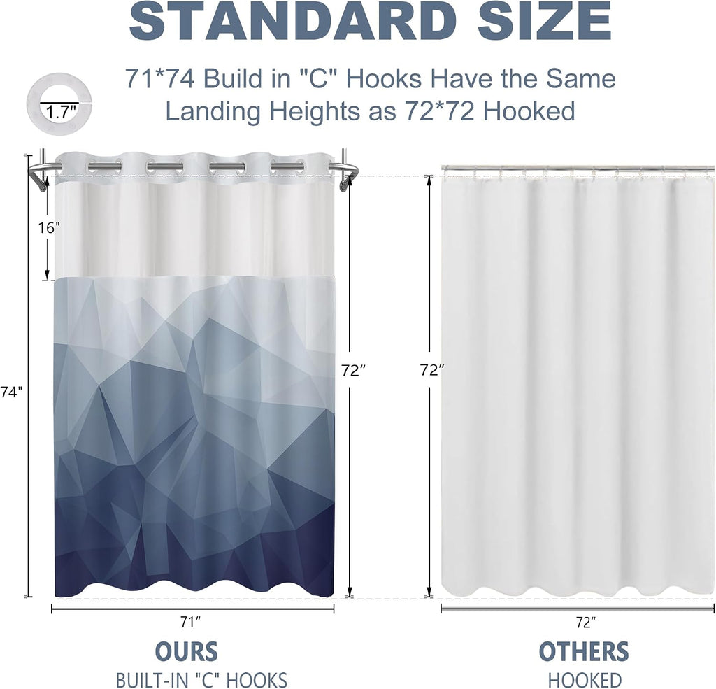 No Hook Shower Curtain with Snap in Liner Set, Blue, 71x74 | Waterproof Fabric , Modern Hotel Style Ombre Design