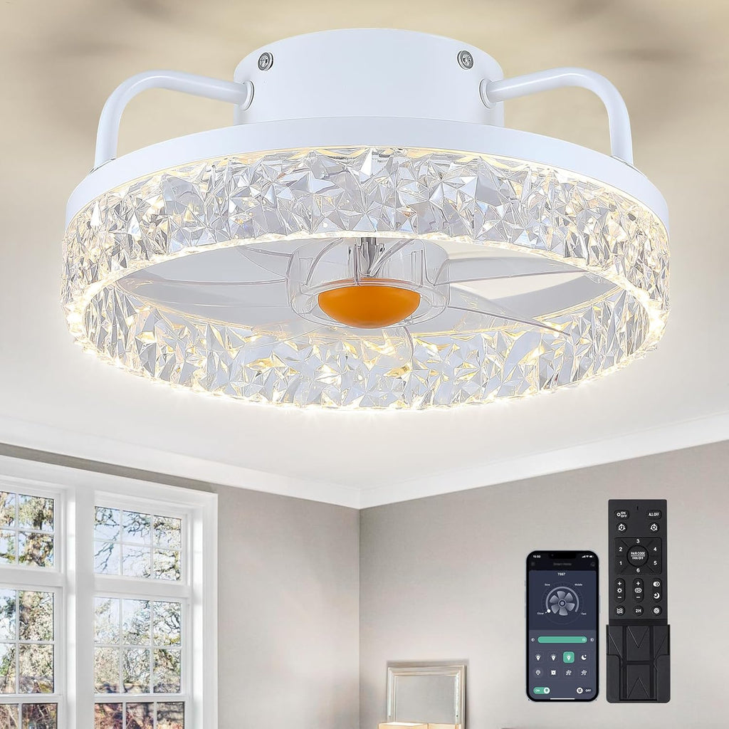 13In Flush Mount Ceiling Fans - White Bladeless Ceiling Fan with Lights and Remote Control, 3CCT Dimmable and Reversible, Small Low Profile Ceiling Fan Light for Modern Indoor Bedroom A101-B0DGSW8FZ2