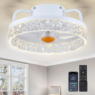 13In Flush Mount Ceiling Fans - White Bladeless Ceiling Fan with Lights and Remote Control, 3CCT Dimmable and Reversible, Small Low Profile Ceiling Fan Light for Modern Indoor Bedroom