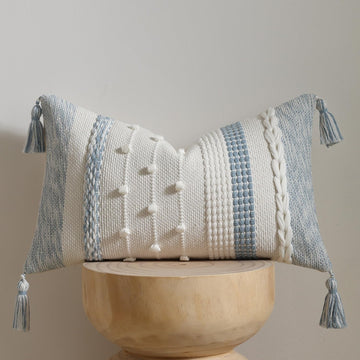 Boho Lumbar Pillow Cover 12x20 Coastal Blue - Handmade Woven Textured Throw Pillow Case with Cordings & Tassels