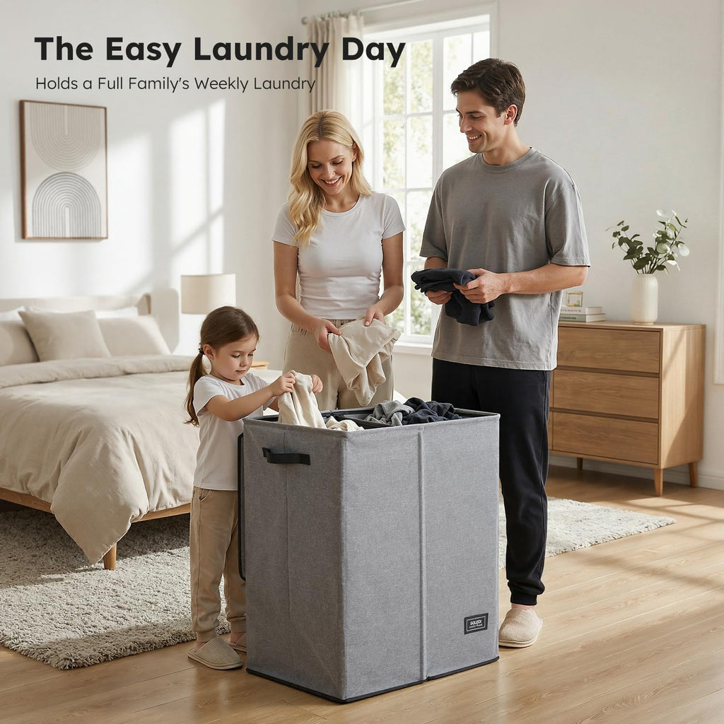 Double Laundry Basket with Lid and Removable bag, Large Laundry Hamper 2 Section with handles, Collapsible Dirty