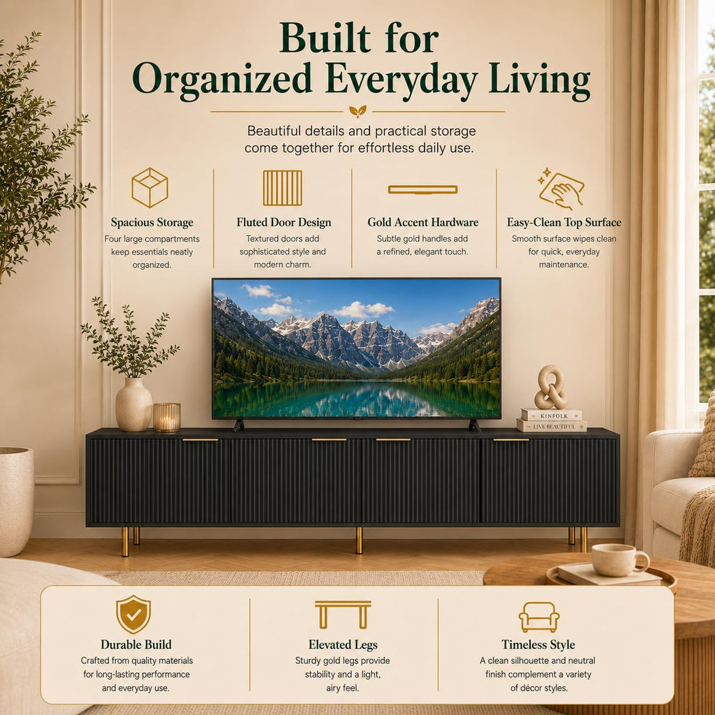 Modern Black with Storage Cabinets, 68 Inch TV Console, Fits 75 Inch TV, Farmhouse Style Media Stand with Grooved