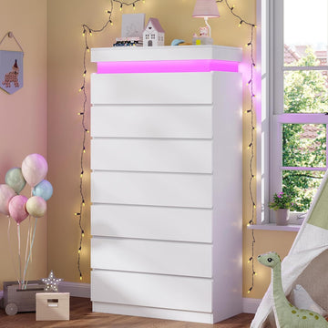 Tall 7 Drawer Dresser with LED Light, White Modern Chest of Drawers ,Closet Dressers with Drawers