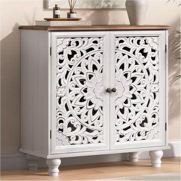 Accent Cabinet with Doors, Decorative Storage Cabinet with Adjustable Shelf, Carved Sideboard Buffet with Solid Wood