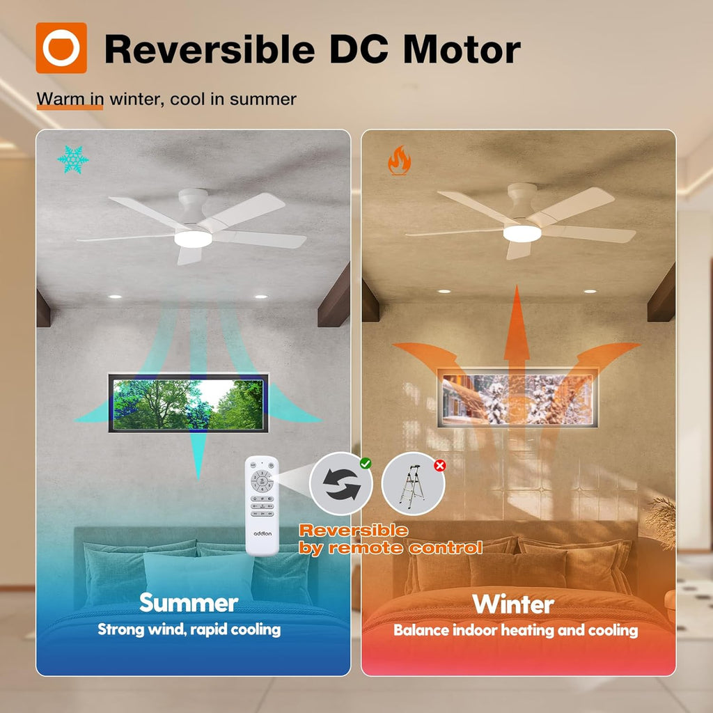 Ceiling Fans with Lights, 52 inch Low Profile Ceiling Fan with Light and Remote Control, Flush Mount, Reversible, 3CCT, Dimmable, Noiseless, White Ceiling Fan for Bedroom, Indoor/Outdoor Use