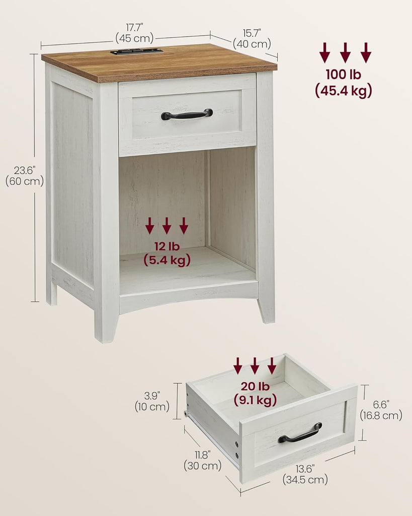 Farmhouse Nightstands with Charging Station, Set of 2 Bedside Tables, Side Tables with Drawer, Open