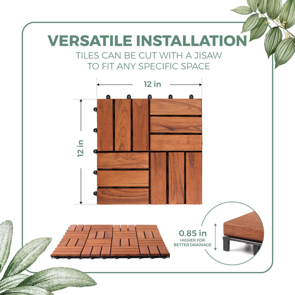Teak Deck Tiles (Pack of 9) Hardwood Interlocking Patio Deck Tiles, Teak Wood Deck Tiles Interlocking Outdoor, Patio