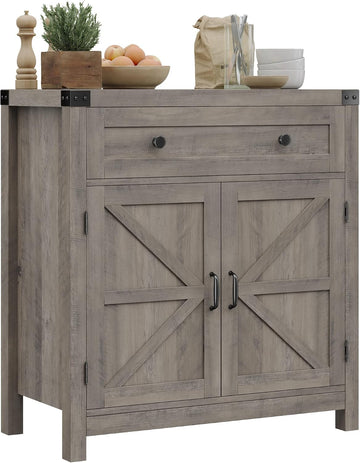 Kitchen Storage Cabinet, Farmhouse Coffee Bar Cabinet, Ash Gray | Small Buffet Cabinet with Doors & Wide Drawer, Wood