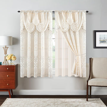 Ivory Sheer Jacquard Voile Curtains (54" W x 63" L), 2 Panels with Attached Valance, Double Layer Floral Cutwork