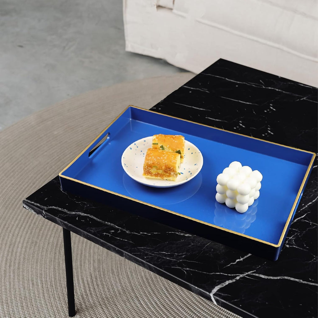 Blue Decorative Coffee Table Tray, Rectangular Plastic Serving Tray with Handles , Ottoman, Bathroom, 15.7"*10.2"