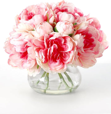 Artificial Peonies Flowers with Vase, Mixed Pink Silk Peony Bouquet with Faux Water in Glass Vase, Lifelike Fake