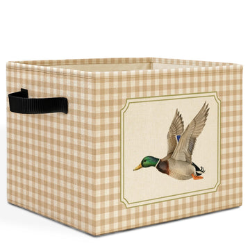 Mallard Duck Checkered Nursery Storage Bins Box with Handles, Beige White Plaid Flying Mallard Laundry Basket Hamper